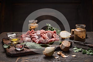 Raw ingredients for goulash or stew raw meat herbs spices on old cutting board on rustic wooden background