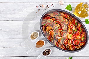 Raw ingredients for traditional French casserole, ratatouille to