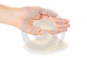 Raw Jasmine rice in hand isolated on white background