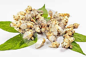 Raw Jerusalem artichoke isolated on white background. Freshly dug tubers ready to cook