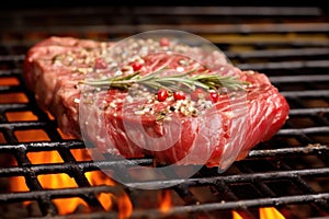 raw juicy steak placed on preheated barbecue grill