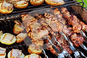 Raw kebab grilling on metal skewer. Meat roasting at barbecue with vegetables. BBQ fresh beef chop slices.