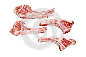 Raw lamb chops, Rack of Lamb. Organic meat steak. Isolated on white background. Top view.