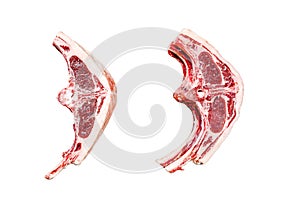 Raw lamb cutlets fresh cut Isolated on white background. Top view.