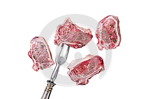 Raw lamb loin steaks, chops cutlets Isolated on white background, top view.