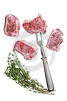 Raw lamb loin steaks, chops cutlets Isolated on white background, top view.