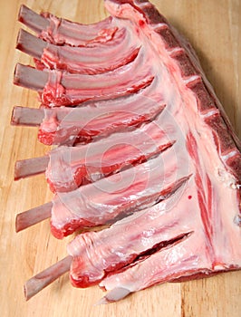 Raw lamb rack meat frenched