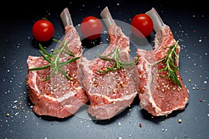 raw lamb saddle meat on bone with salt, pepper decorated rosemary and tomato, top view on black background