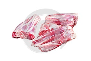 Raw lamb shanks with herbs and spices ready for cooking. Isolated, white background.