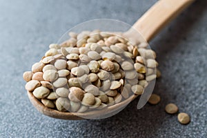 Raw Lentils in Wooden Spoon