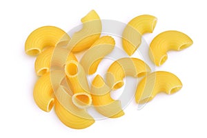 raw macaroni pasta isolated on white background with clipping path and full depth of field. Top view. Flat lay