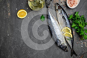 Raw Mackerel fish with salt, lemon and spices on dark background. Fresh seafood. Culinary, cooking fish concept. banner, menu,