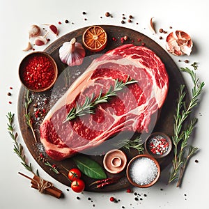 Raw marbled beef steak with a sprig of rosemary on a light background