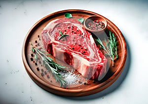 Raw marbled beef steak with a sprig of rosemary on a light background