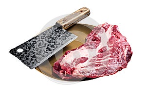 Raw marbled meat Steak on butcher table, uncooked beef chuck eye roll steak. Isolated on white background. Top view.