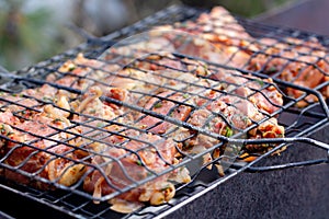 Raw marinaded juicy pork meat in grill grates