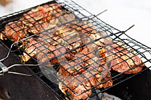 Raw marinaded juicy pork meat in grill grates