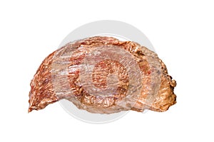 Raw marinated beef tri-tip steak for roast. Isolated on white background, Top view.