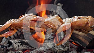 Raw marinated quail carcasses on the skewer are rotated above the open fire