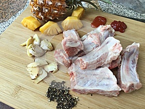 Raw materials and spices Pineapple Baked Pork Ribs Menu.