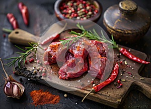 Raw meat beef on wooden cutting board with rosemary pepper salt red chili pepper garlic bay leaf close-up horizontal