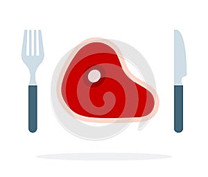 Raw meat on the bone with a fork and knife vector flat isolated
