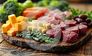 Raw meat cheese and vegetables on wooden cutting board