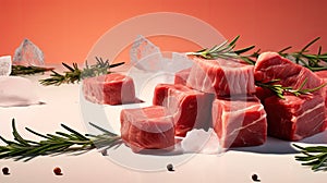 raw meat cubes adorned with a rosemary sprig, clean-lined aesthetics, portraying the animal intensity of the ingredients