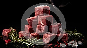 raw meat cubes adorned with a rosemary sprig, clean-lined aesthetics, portraying the animal intensity of the ingredients