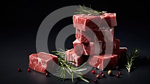 raw meat cubes adorned with a rosemary sprig, clean-lined aesthetics, portraying the animal intensity of the ingredients