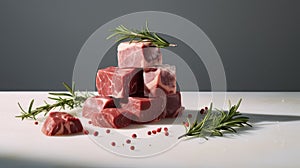 raw meat cubes adorned with a rosemary sprig, clean-lined aesthetics, portraying the animal intensity of the ingredients