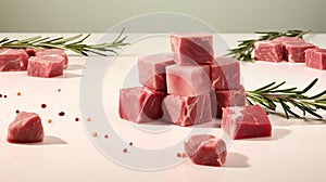 raw meat cubes adorned with a rosemary sprig, clean-lined aesthetics, portraying the animal intensity of the ingredients