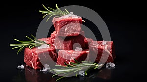 raw meat cubes adorned with a rosemary sprig, clean-lined aesthetics, portraying the animal intensity of the ingredients