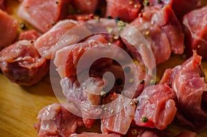 Raw meat cut into pieces, pork prepared for cooking, red meat