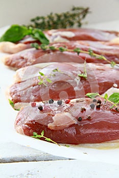 Raw meat, duck fillet with spices