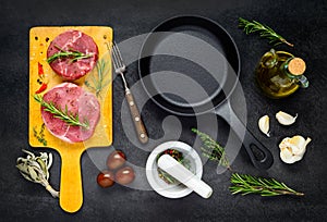 Raw Meat with Frying Pan and Cooking Ingredients