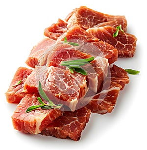 Raw meat and green onions on white background, ingredients for a delicious dish