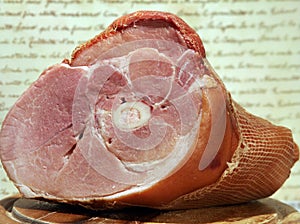 Raw Meat, Ham on Carving Board, Pork photo