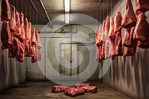 raw meat hanging in a cold storage room