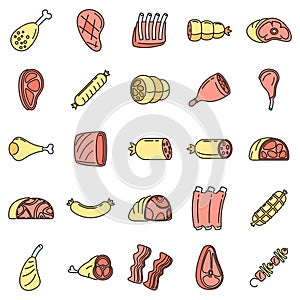 Raw meat icons set vector color line