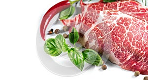 Raw meat isolated on white background. Premium marble beef steak. Prime fillet meat. Gourmet food. Black Angus Steak