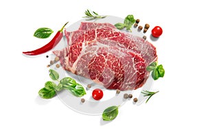 Raw meat isolated on white background. Premium marble beef steak. Prime fillet meat. Gourmet food. Black Angus Steak
