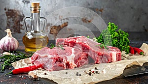 Raw meat on the kitchen table on a metallic background in a composition with cooking