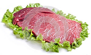 Raw meat on lettuce leaves.