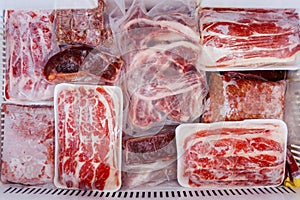 Raw meat packed on a box in the freezer