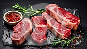 Raw meat. Pork and beef steaks with spices and herbs On a black rustic background. Generative AI