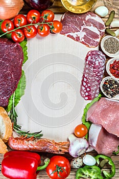 Raw meat, sausage, vegetables