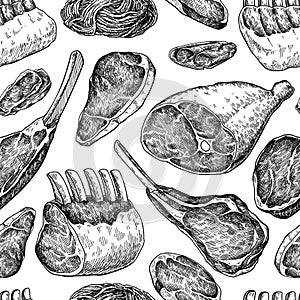 Raw meat seamless pattern. Vector drawing. Hand drawn beef steak