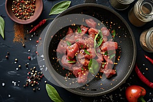 Raw meat spiced with cayenne in a skillet, top view, surrounded by whole cayenne peppers and spice jars