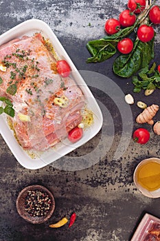 Raw meat with spices ready for roasting